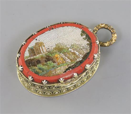 A George III silver gilt oval vinaigrette, with micro mosaic inset lid, by Matthew Linwood?, gross 23 grams.